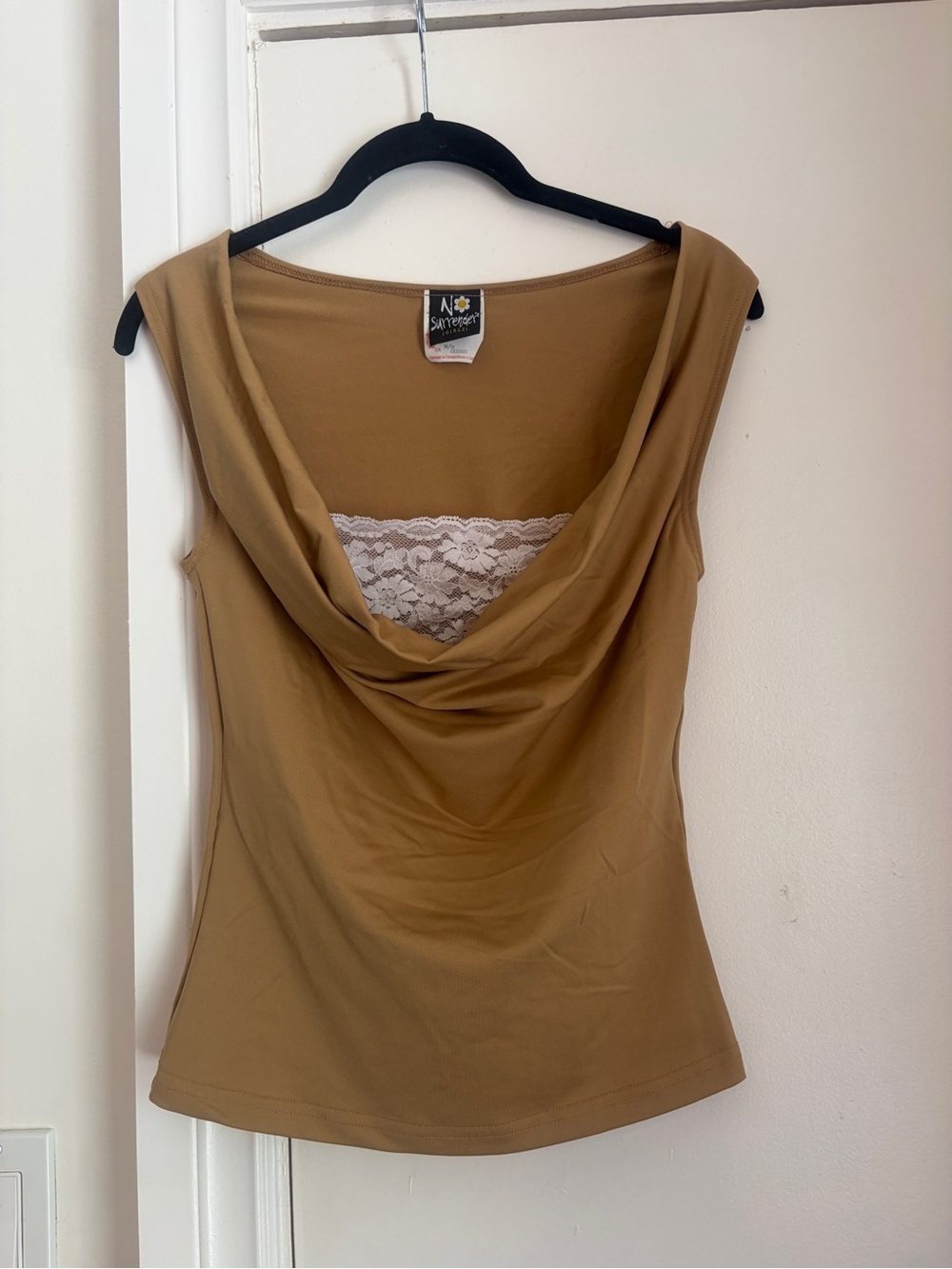 Vintage Y2K No Surrender Tan Cowl Neck with lace  Sleeveless Top